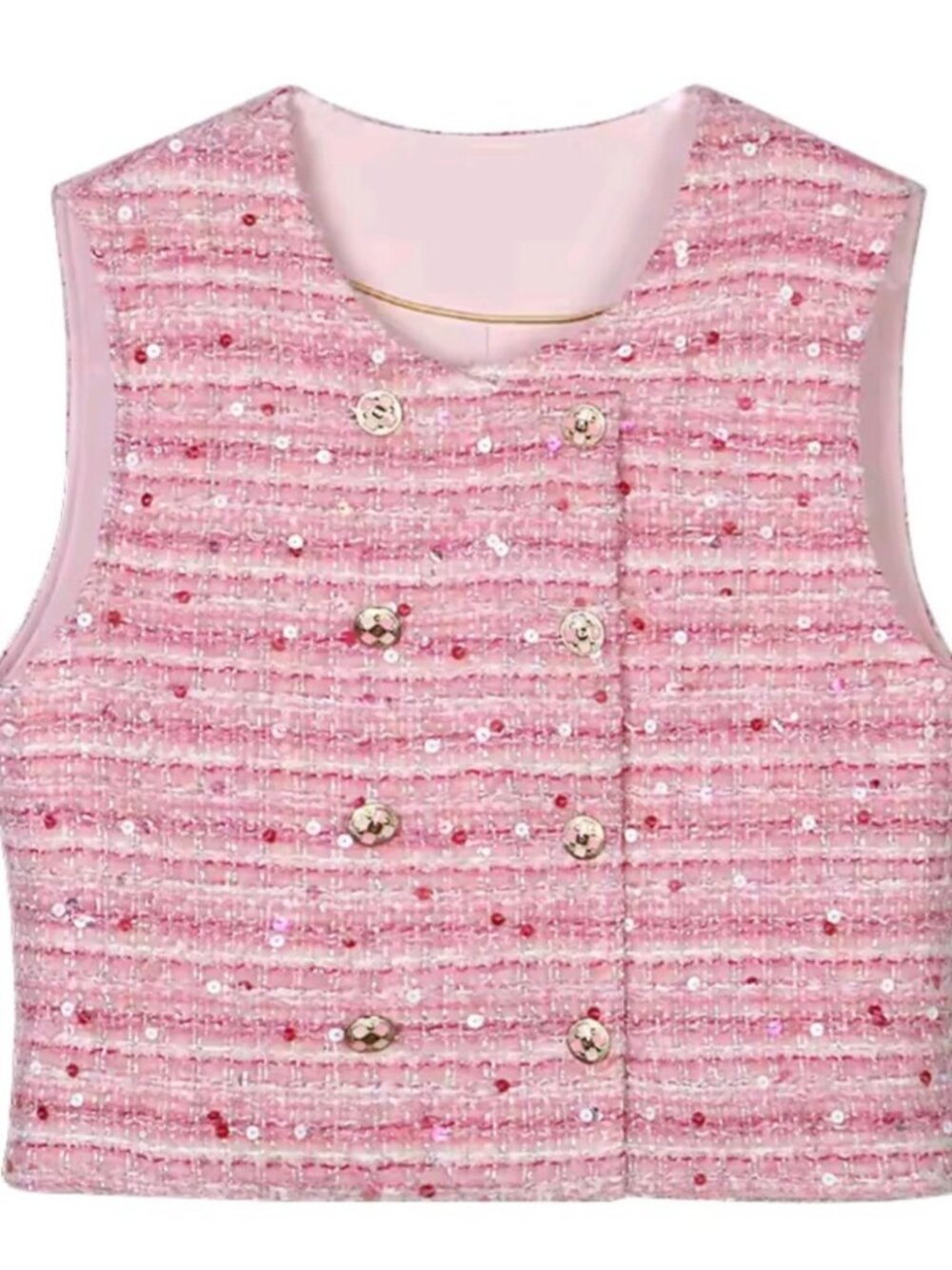 New round collar double-breasted  fashionable western pink tweed sleeveless vest